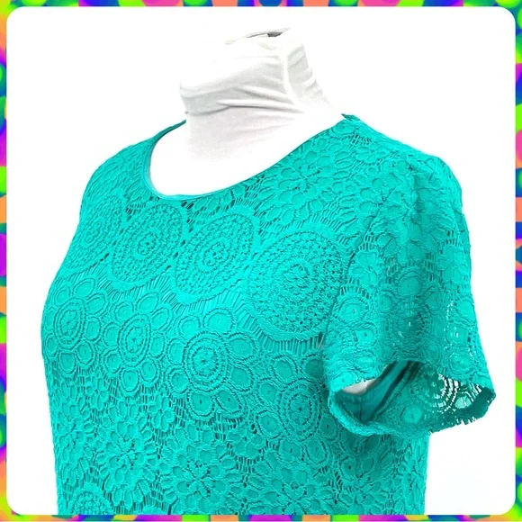 LAUNDRY Spring Green Crochet Lace Floral Medallion Overlay Shift Dress Size 14 - Picture 8 of 13